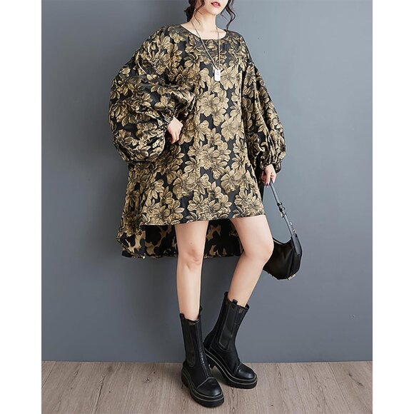 Women's Cotton-Polyester Long Sleeve Crewneck Casual Dress Oversize - Picture 4 of 6